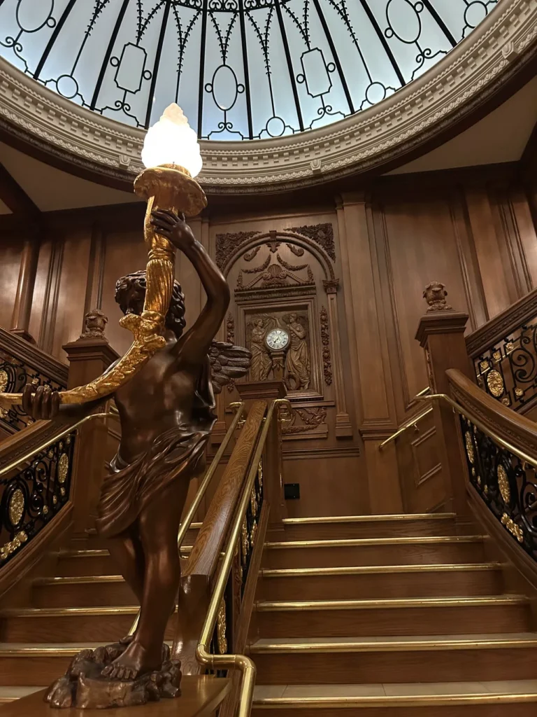 A recreation of the grand staircase is a highlight of the Titanic Museum in Pigeon Forge. An elegant, detailed recreation of the historic grand staircase inside the Titanic Museum built for a gatlinburg-pigeon-forge-vacation.