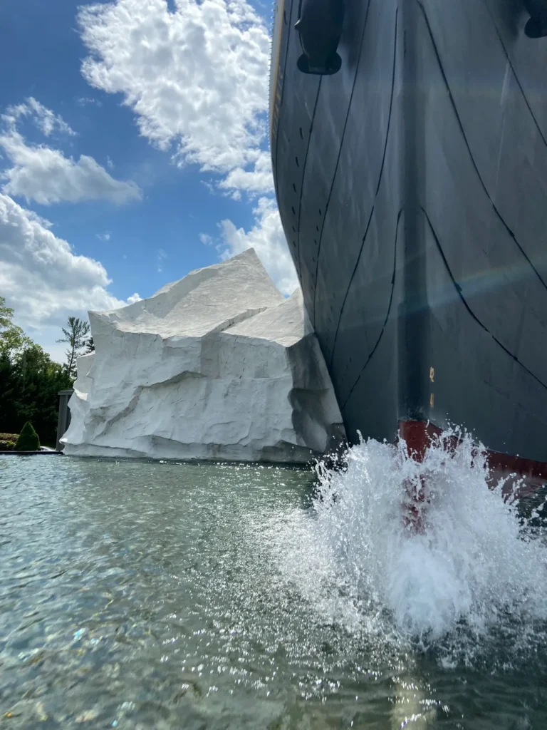 Outside the Titanic museum in Pigeon Forge. The museum offers an immersive experience looking into the lives of passengers from the tragic voyage. The massive half-scale ship hull replica exterior of the Titanic Museum attraction on a gatlinburg-pigeon-forge-vacation.