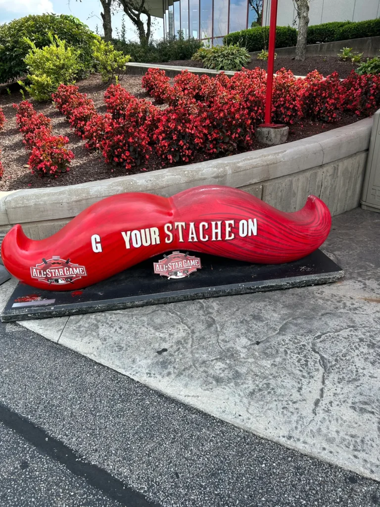 The influence of Cincinnati sports is everywhere at both locations of the Montgomery Inn. This mustache commemorates the 2015 Major League Baseball All-Star game which was held just down the street. A commemorative MLB All-Star game mustache display showcasing the team spirit at the Montgomery Inn Cincinnati.