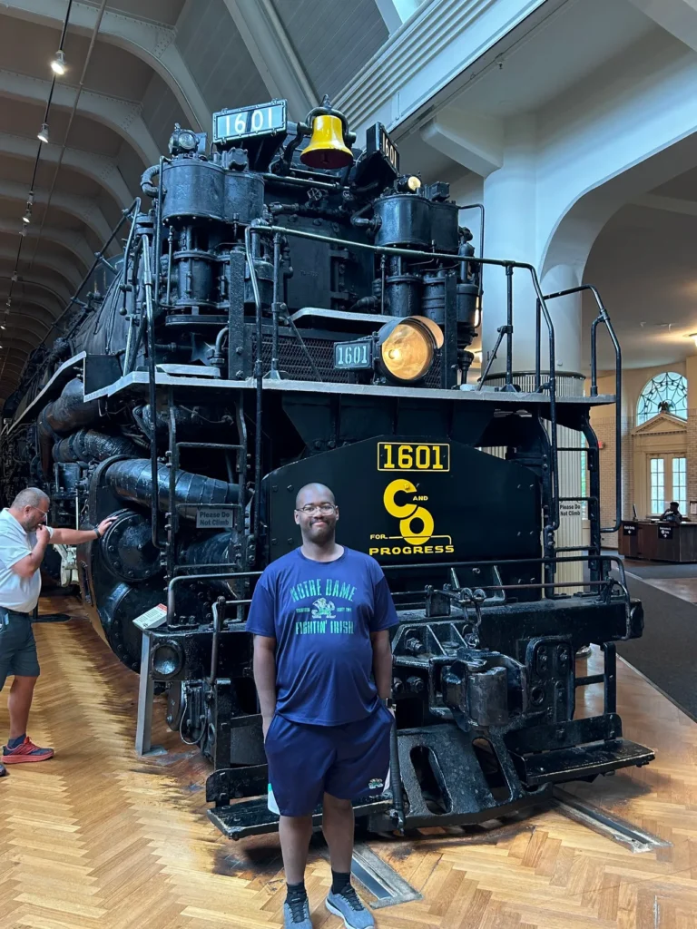 The massive historic Chesapeake and Ohio 1601 steam locomotive on display at the Henry Ford Museum Detroit.