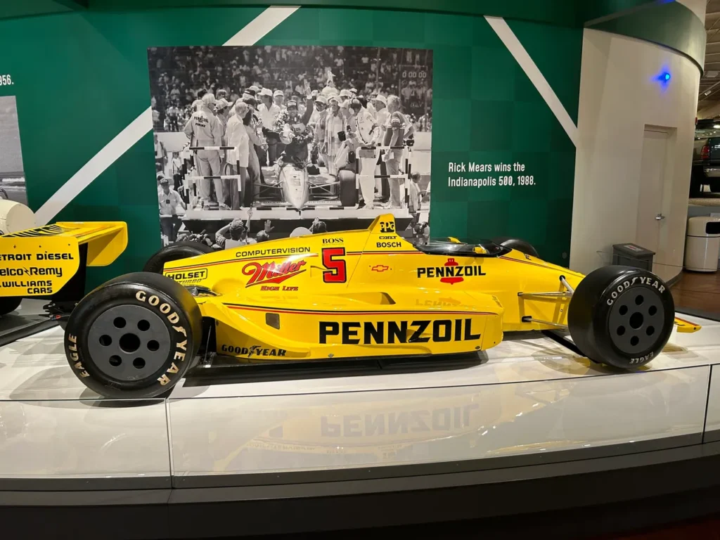 The historic yellow number 5 Pennzoil Indy car driven by Rick Mears on display at the Henry Ford Museum Detroit.