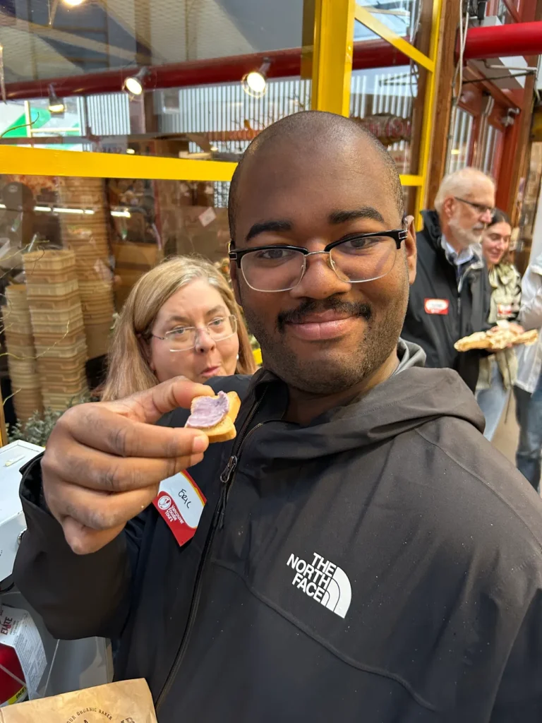 You might change your mind about goat cheese after you sample the goat cheese from Benton Brothers in Granville Market. A sampling of fresh unripened goat cheese with blueberry bourbon preserves from Benton Brothers on a Granville Market food tour Vancouver.