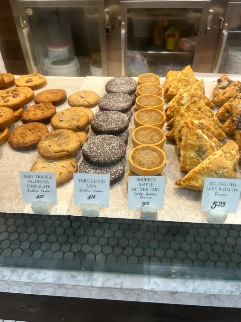 The Bread Affair is known for their delicious breads. But they also make a really good chocolate lava cookie. A rich chocolate lava butter cookie on display at The Bread Affair bakery during a Granville Market food tour Vancouver.