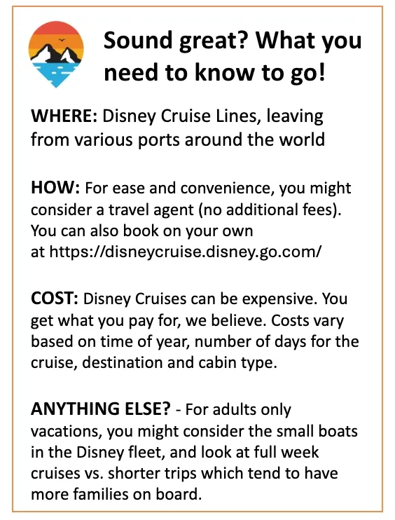 An introductory planning infographic guide for a Disney Cruise for adults, highlighting where to go, how to book, and cost expectations.