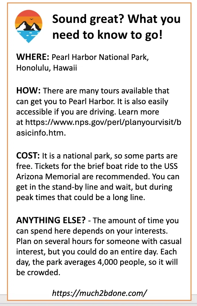 A complete planning infographic guide for visiting the Pearl Harbor Memorial Hawaii, including details on locations, tours, and ticketing.