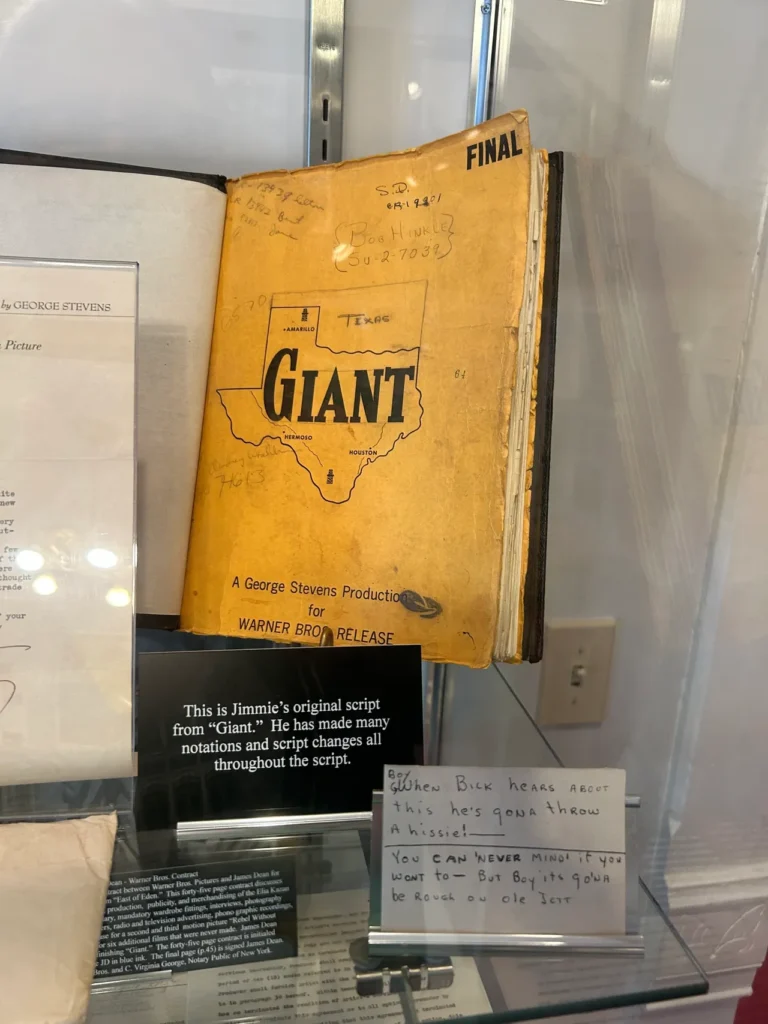 ABOVE: This is the only fully intact script for Rebel Without A Cause that is signed by the entire cast. BELOW: The personal script for Dean with changes and notes throughout for his performance in Giant. James Dean's personal movie script for Giant featuring his handwritten notations on display at the James Dean Museum in Indiana.