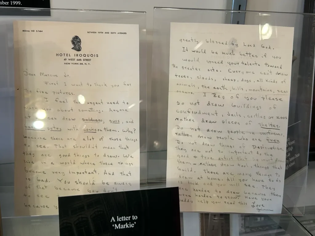 This is one of several letters to family that are on display at the museum. Through Dean’s words, you can gain insight into the type of person he was. Personal handwritten letters from James Dean to his cousin Marcus displayed at the James Dean Museum in Indiana.