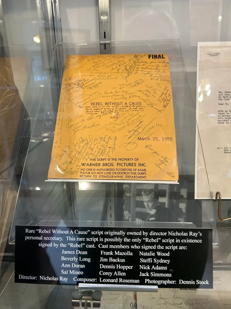 Signed script from the movie Rebel Without A Cause, on display at the James Dean Museum The fully intact script for Rebel Without a Cause signed by the entire cast on display at the James Dean Museum in Indiana.