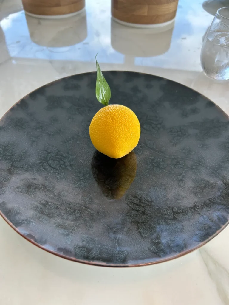 An exquisite, artfully crafted lemon dessert served during the adult-exclusive brunch at Enchanté from our Disney Wish dining guide.