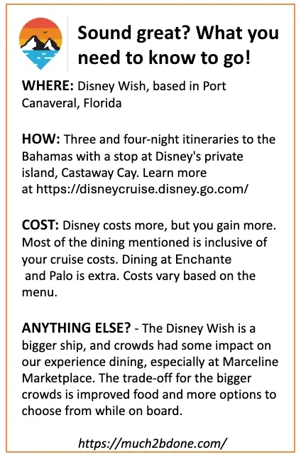 An informational cruise tip infographic detailing important travel, cost, and logistics info for the Disney Wish dining guide.