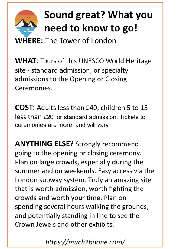 An informational visitor info graphic detailing historical highlights, key exhibits, and logistics for the Tower of London planning guide.