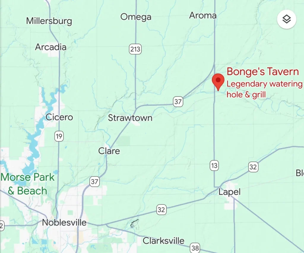 Map to illustrate how in the middle of nowhere Bonge’s is. Noblesville is a northern suburb of Indianapolis, and Bonge’s is about 30 minutes north of that, but worth the drive. A location map illustrating how to find Bonge's Tavern Indiana out in the countryside north of Indianapolis.