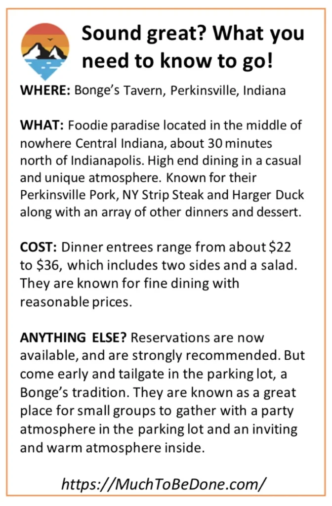 An informational travel guide infographic detailing locations, menu standouts, and costs for visiting Bonge's Tavern Indiana.