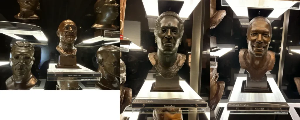 Bronze busts of every enshrined Hall of Famer, including George Hallas, OJ Simpson, and Michael Strahan. The bronze busts of George Halas, OJ Simpson, and Michael Strahan on display inside the Pro Football Hall of Fame Canton.