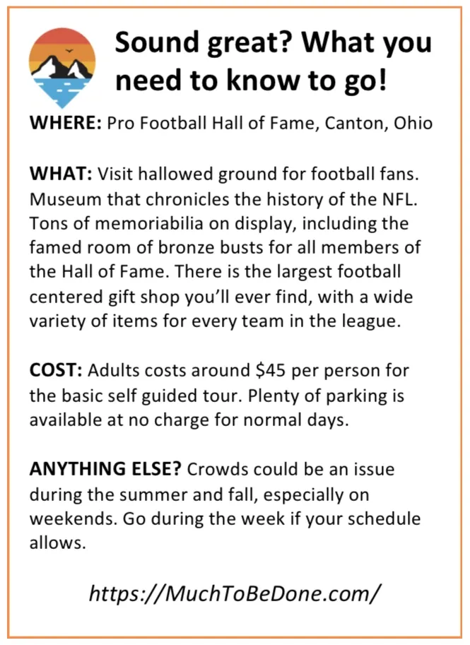 An informational travel guide infographic detailing locations, costs, and crowd tips for visiting the Pro Football Hall of Fame Canton.