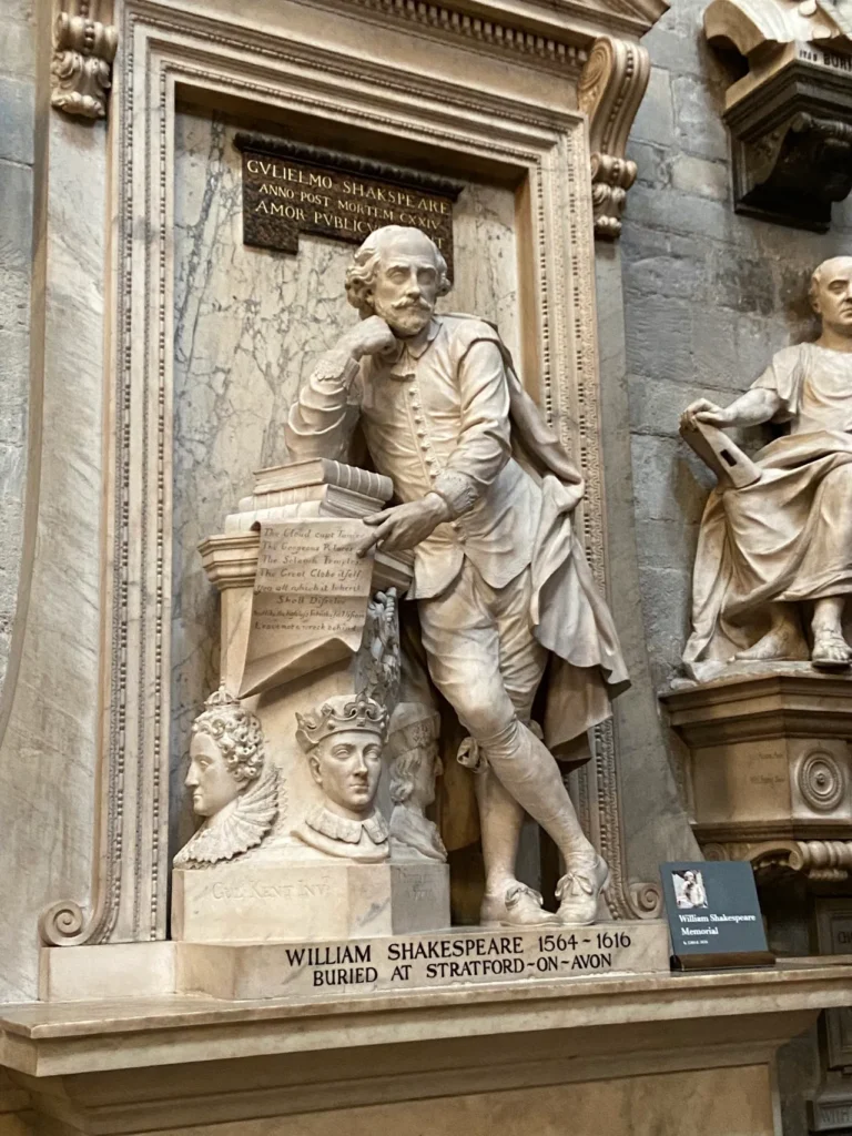 Shakespeare, who passed away in 1616 is memorialized at Westminster Abbey. He is buried at Stratford On Avon. The marble statue monument commemorating playwright William Shakespeare in Poets' Corner at Westminster Abbey London.
