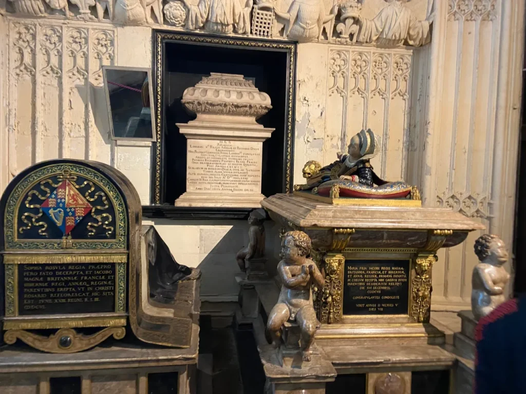 Among the royalty at Westminster Abbey is Edward V, who reigned for less than three months in 1483. The ornate stone tomb and monument of King Edward V inside the royal chapels at Westminster Abbey London.