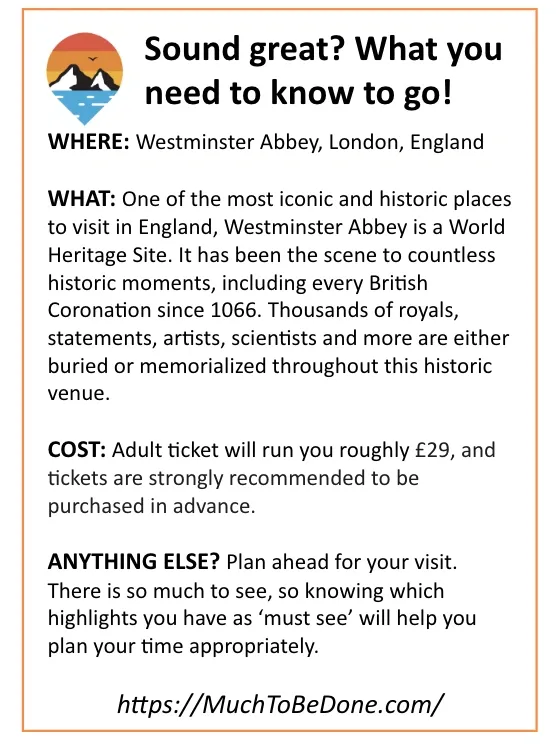 An informational travel infographic detailing admission costs, essential planning tips, and highlights for visiting Westminster Abbey London.