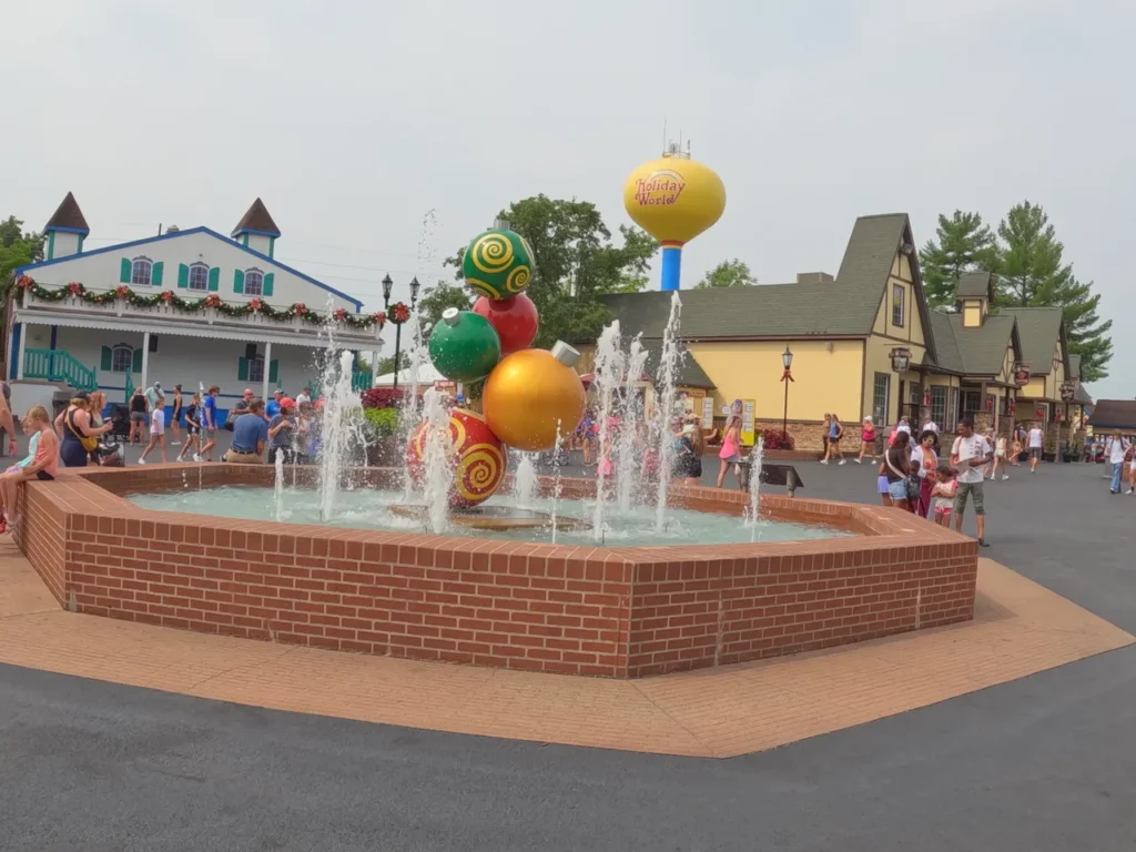 Santa Claus Land was started by the Koch family, and remains family owned and operated. As you enter the park, you can learn about the family legacy and some of the accolades that the park has earned over the years. The historic Santa Claus Land Christmas ornament fountain and entry plaza at Holiday World Santa Claus Indiana.