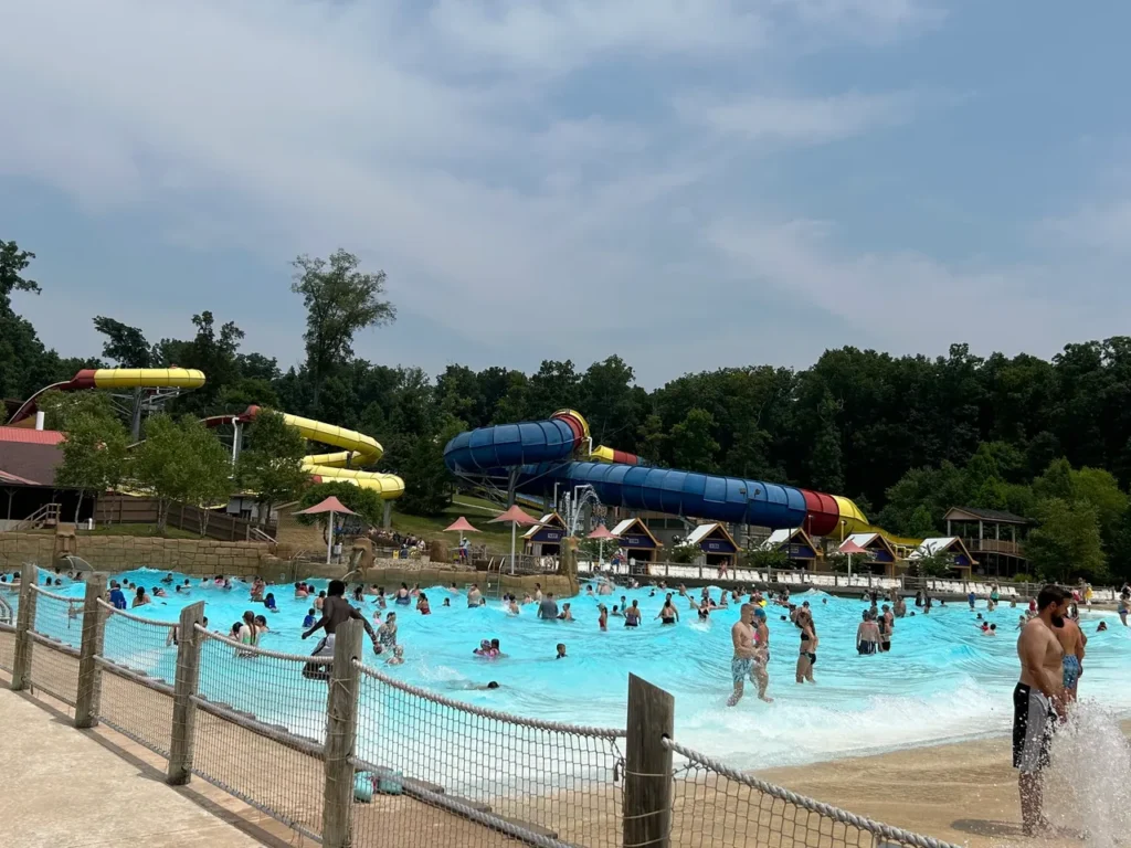The largest of two wave pools at Splashi Safari, the Bahari Wave Pool is a great place to spend the day or cooling down after riding all the rides at Holiday World. Guests enjoying the massive Bahari Wave Pool area at Splashin' Safari inside Holiday World Santa Claus Indiana.