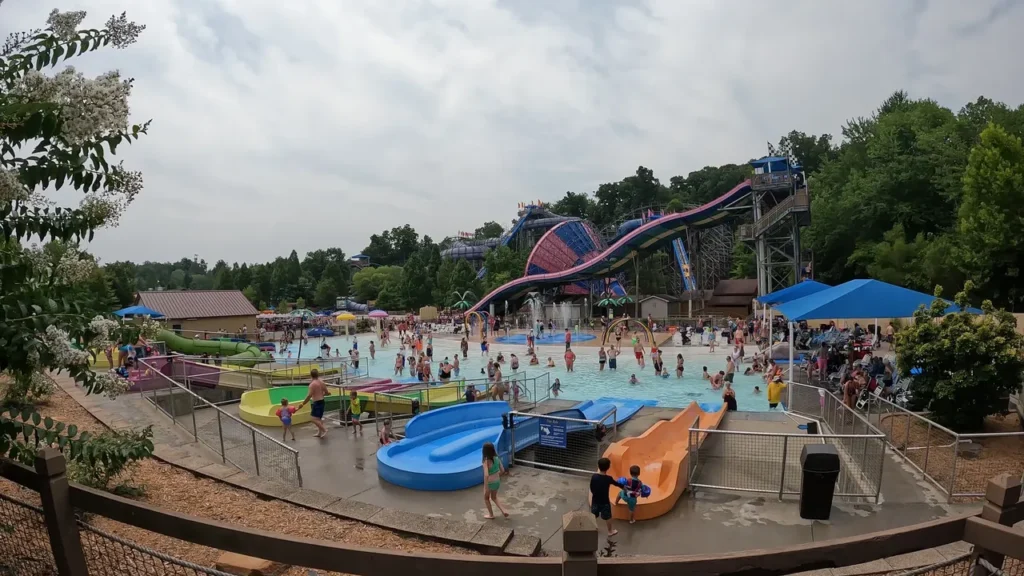 A view of just a few of the many attractions available at Splashin Safari, which is why they are perennially named one of the best water parks in the country. A scenic overview of the colorful water slides and family attractions inside Splashin' Safari at Holiday World Santa Claus Indiana.