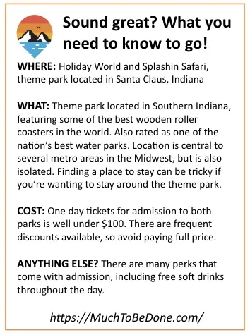An informational visitor logistics summary infographic card detailing location, features, ticket costs, and perks for Holiday World Santa Claus Indiana.