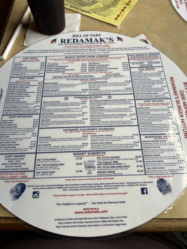 redamak's michigan 2026 menu at new buffalo
