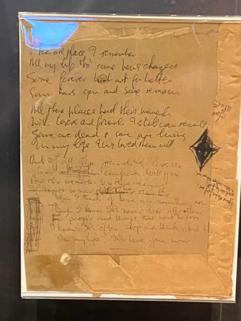 The lyrics to the Beatles classic In My Life handwritten by John Lennon is on display at the Rock and Roll Hall of Fame in Cleveland. John Lennon's original handwritten lyrics for the Beatles song In My Life on display at the Rock and Roll Hall of Fame Cleveland.