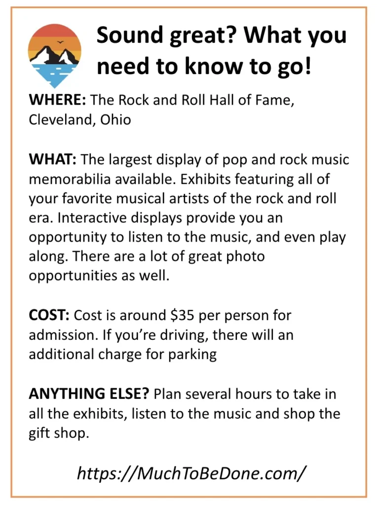 An informational visitor logistics summary infographic card detailing the location, hours, ticket costs, and parking tips for the Rock and Roll Hall of Fame Cleveland.