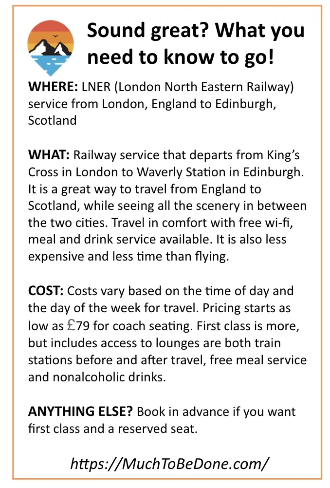 An informational journey logistics summary infographic card detailing the route, costs, and ticket booking tips for the LNER first class London to Edinburgh train service.