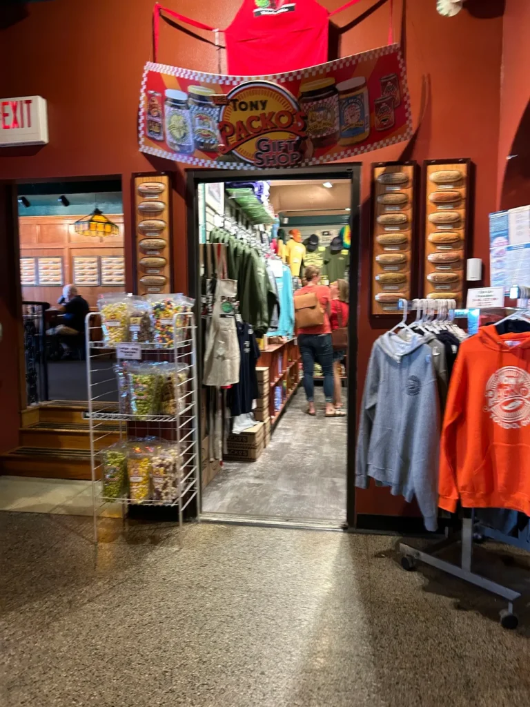 The colorful entrance to the official Tony Packo's Toledo gift shop, featuring MASH memorabilia and souvenirs.