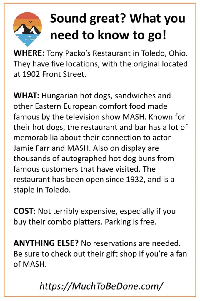 An informational visitor logistics summary infographic card detailing the location, hours, menu favorites, and parking tips for Tony Packo's Toledo.