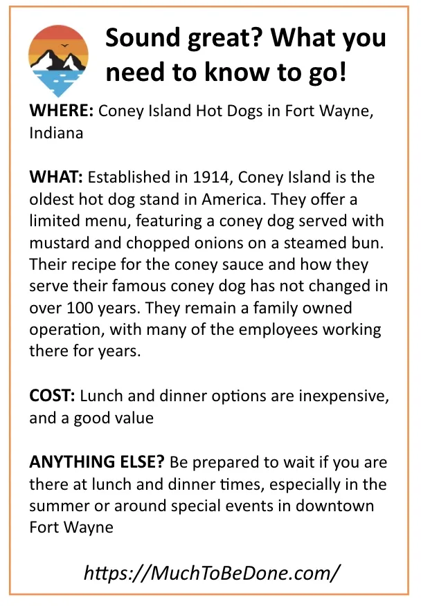 An informational visitor logistics summary infographic card detailing location, history, and menu expectations for America's oldest hot dog stand.
