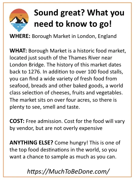 An informational visitor logistics summary infographic card detailing location, food varieties, and costs for London's Borough Market, a top food destination.