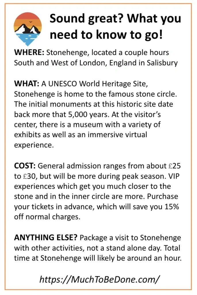 An informational visitor logistics summary infographic card detailing location, overview, and cost breakdown for a Stonehenge vacation itinerary.