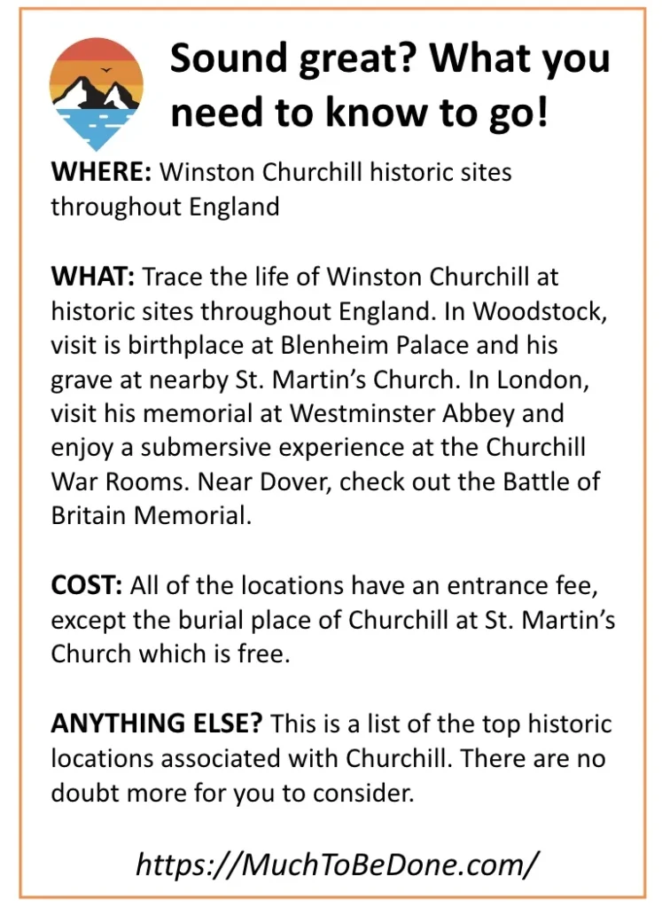 An informational visitor logistics summary infographic card detailing destinations, costs, and expectations for a Winston Church