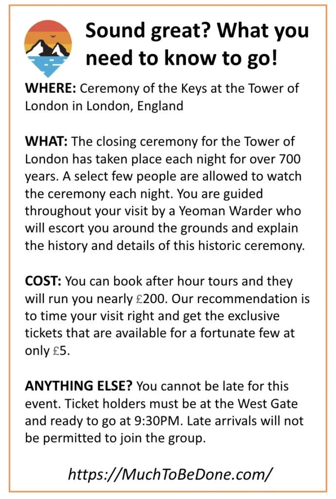 An informational visitor logistics summary infographic card detailing ticket booking tips for the Ceremony of the Keys London.