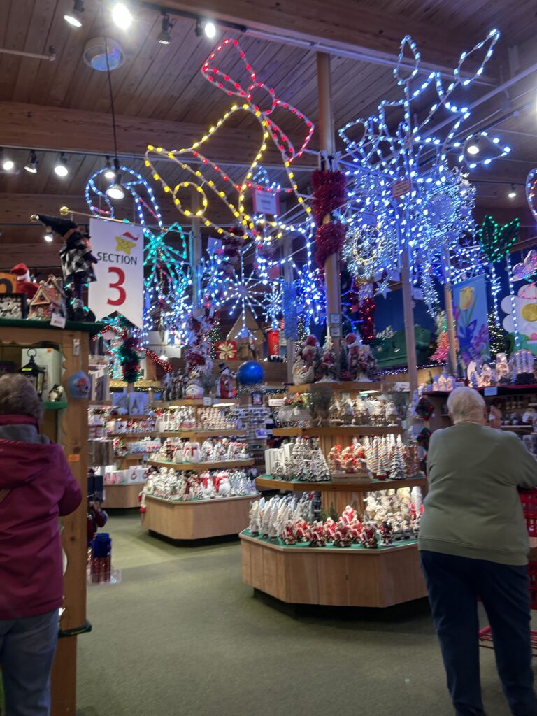 Bronner’s can help light up your Christmas. They have a large selection of indoor and outdoor display lights to help make your Christmas merry and bright. Brilliant, glowing overhead Christmas light displays illuminating a festive holiday shopping aisle at Bronner's during a Frankenmuth Michigan Christmas visit.
