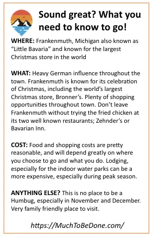 An informational visitor logistics summary infographic card detailing shopping and food options for a Frankenmuth Michigan Christmas.