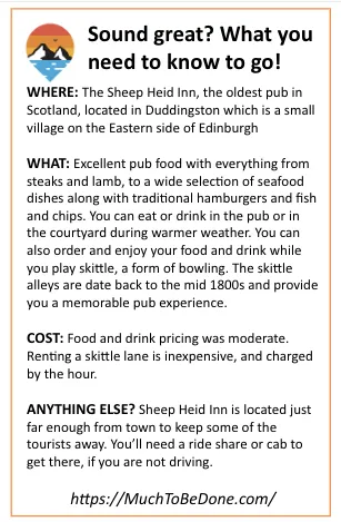 An informational visitor logistics summary infographic card detailing dining and skittles at the historic Sheep Heid Inn Edinburgh.