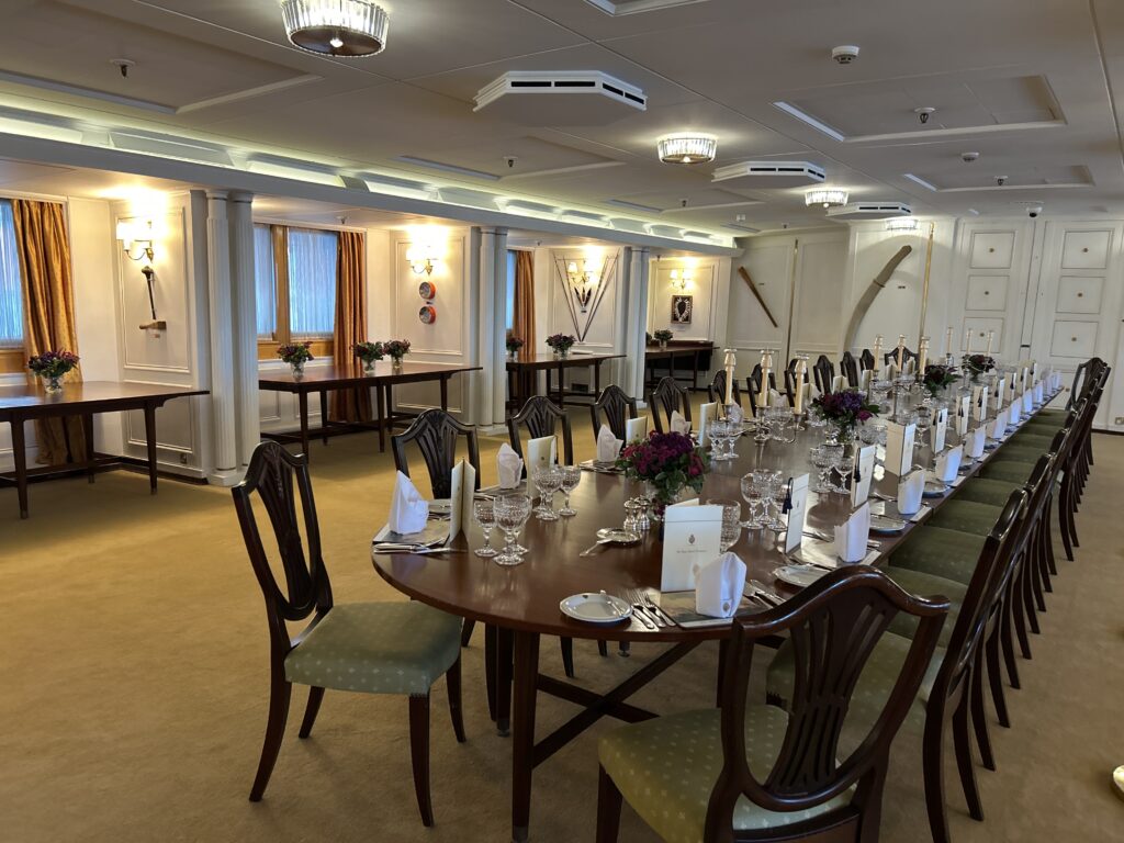 The state dining room on the Royal Yacht Britannia was the scene for many world leaders who visited the Royal Family on board. The ship made nearly 1,000 official state visits in its 44 years of service. The state dining room on the Royal Yacht Britannia was the scene for many world leaders who visited the Royal Family on board. The ship made nearly 1,000 official state visits in its 44 years of service.