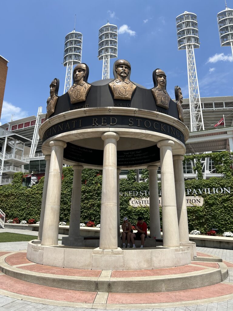 The Red Stockings Pavilion is located just outside of the Great American Ballpark in Cincinnati. The monument pays tribute to the first professional baseball team, the Red Stockings which organized back in 1869. The historic Cincinnati Red Stockings Pavilion monument outside Great American Ball Park, featured in our Fort Wayne birthplace of Major League Baseball guide.