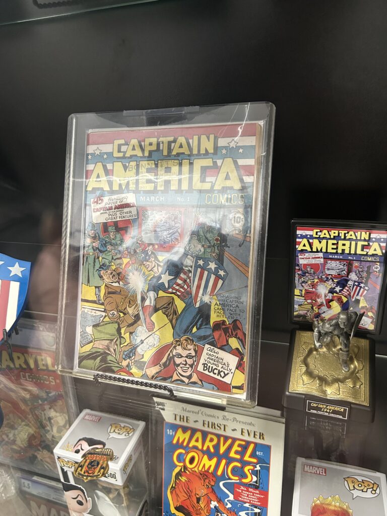 This is a rare original of the very first Captain America comic book. On display at the museum, the value of this single book is at least $1M. The rare, million-dollar original first edition Captain America comic book on display at the Hall of Heroes Elkhart Indiana.