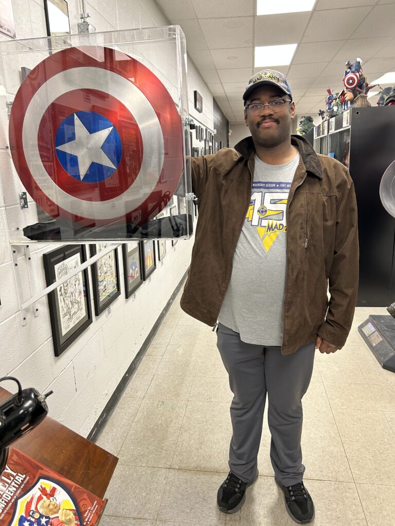 This is the Captain America shield used in the 2011 release Captain America: The First Avenger movie. This is one of six shields used by Chris Evans in the movie. An authentic screen-used Captain America shield movie prop on display at the Hall of Heroes Elkhart Indiana.