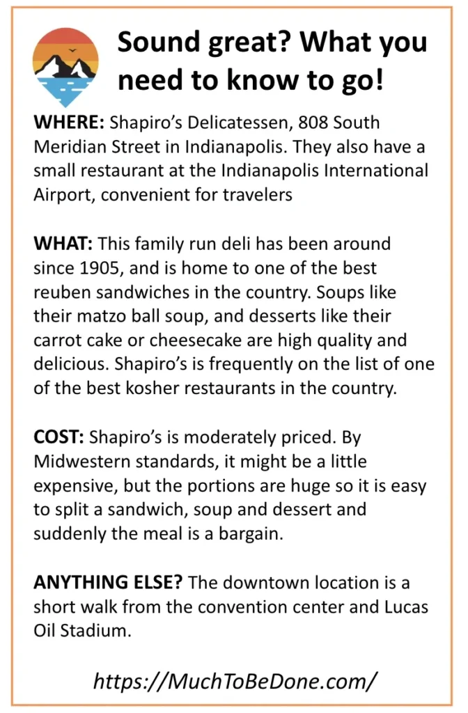 An informational visitor logistics summary infographic card detailing the location, history, and famous menu items for Shapiro's Deli Indianapolis.