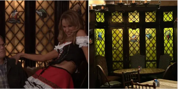 Tam O'Shanter has appeared in a number of Hollywood productions over the years. Fans of The Office will recognize one of the banquet rooms from Dwight's bachelor party. On the left is a screenshot of the scene and on the right is that dining areea. A split shot comparing Dwight's bachelor party scene from The Office with the actual banquet dining area at the Tam O'Shanter Inn Los Angeles.
