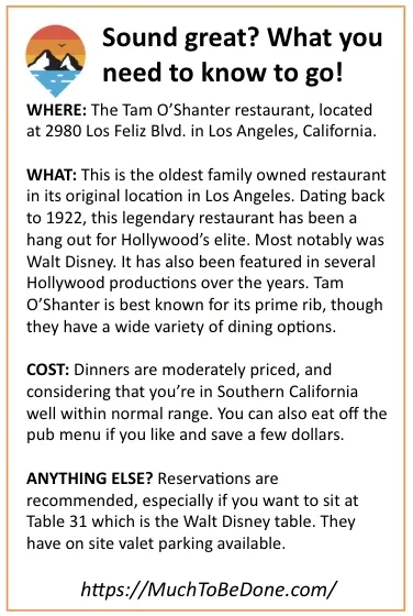 An informational visitor logistics summary infographic card detailing the location, history, dining costs, and tips for visiting the Tam O'Shanter Inn Los Angeles.