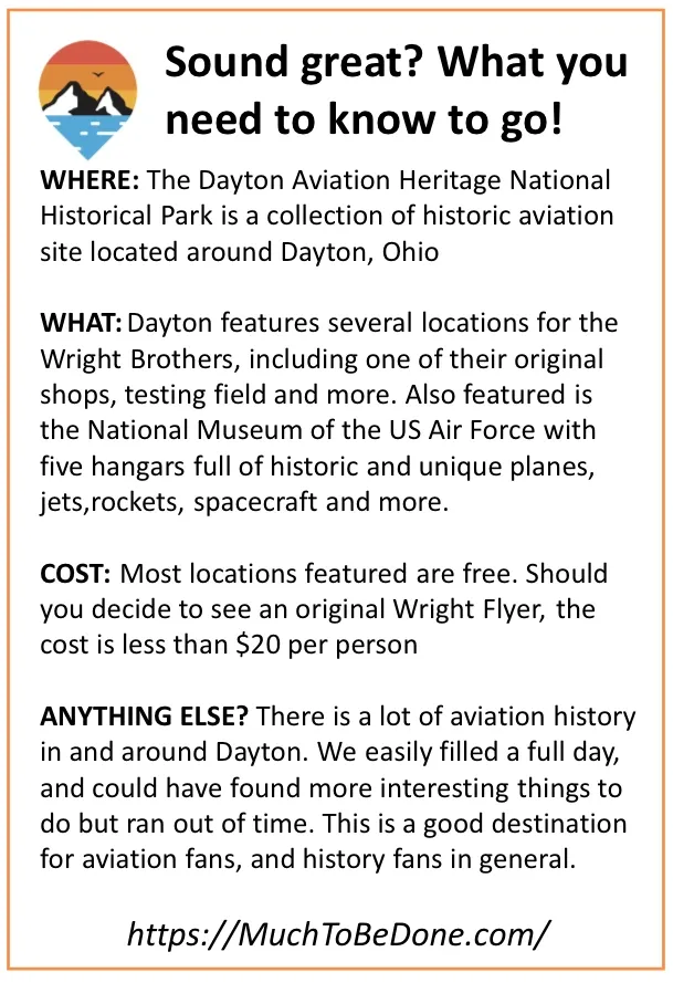 An informational visitor logistics summary infographic detailing admission costs, museum hours, and major heritage sites for Dayton Ohio aviation history.