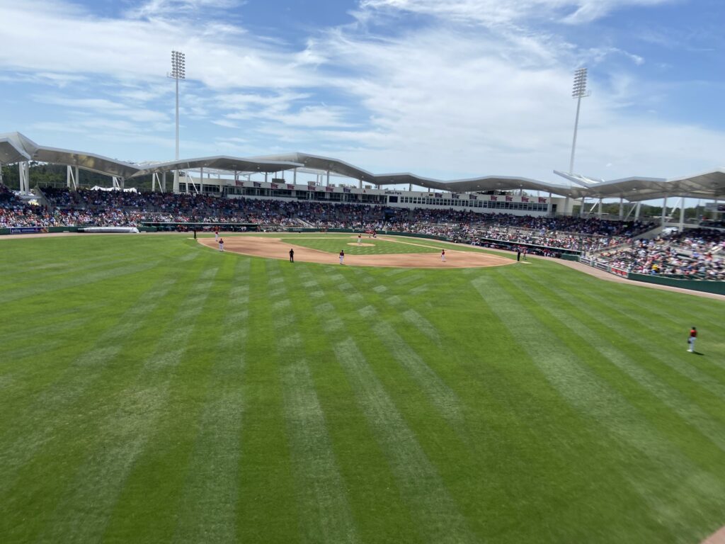 A unique feature of Jet Blue Field is the seats available inside the left field wall, known as the Green Monster. It provides an up close and unique view of the Boston Red Sox in action. The unique view of the playing field from the elevated Green Monster left field wall seats during a Florida spring training guide tour at JetBlue Park.