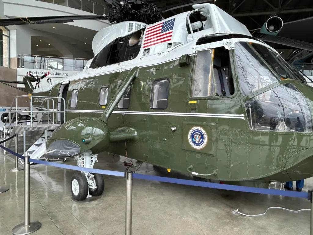 Marine One on display at the Reagan Presidential Museum The iconic green and white Marine One presidential helicopter on display inside the Air Force One Pavilion at the Ronald Reagan Presidential Museum.